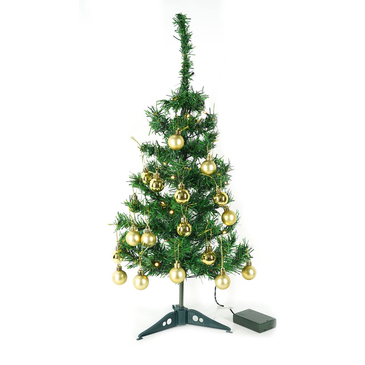 Brad Artificial Impodobit, Inaltime 60 cm, Instalatie 20 LED Alb Cald si 20 Globuri Aurii Incluse, Suport Plastic, Verde