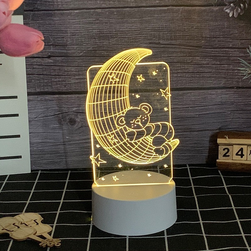 Lampa LED Decorativa 3D, Ursulet si Semiluna, Lumina Multicolora RGB cu Telecomanda, Alimentare USB sau Baterii, Material Acril, Inaltime 20 cm, Alb