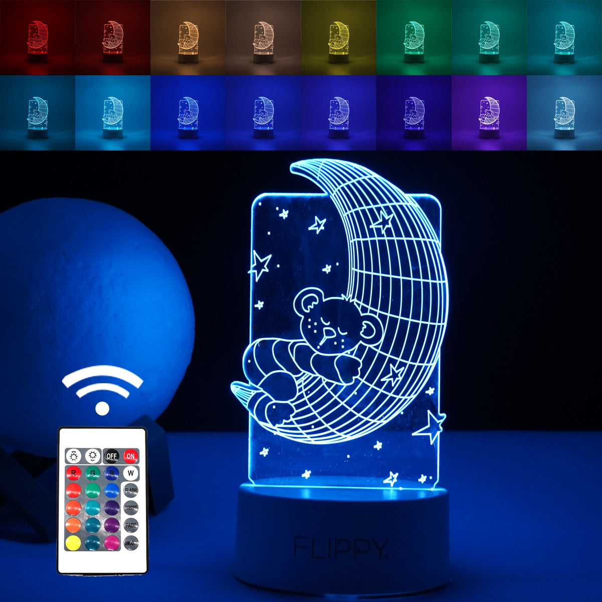 Lampa LED Decorativa 3D, Ursulet si Semiluna, Lumina Multicolora RGB cu Telecomanda, Alimentare USB sau Baterii, Material Acril, Inaltime 20 cm, Alb