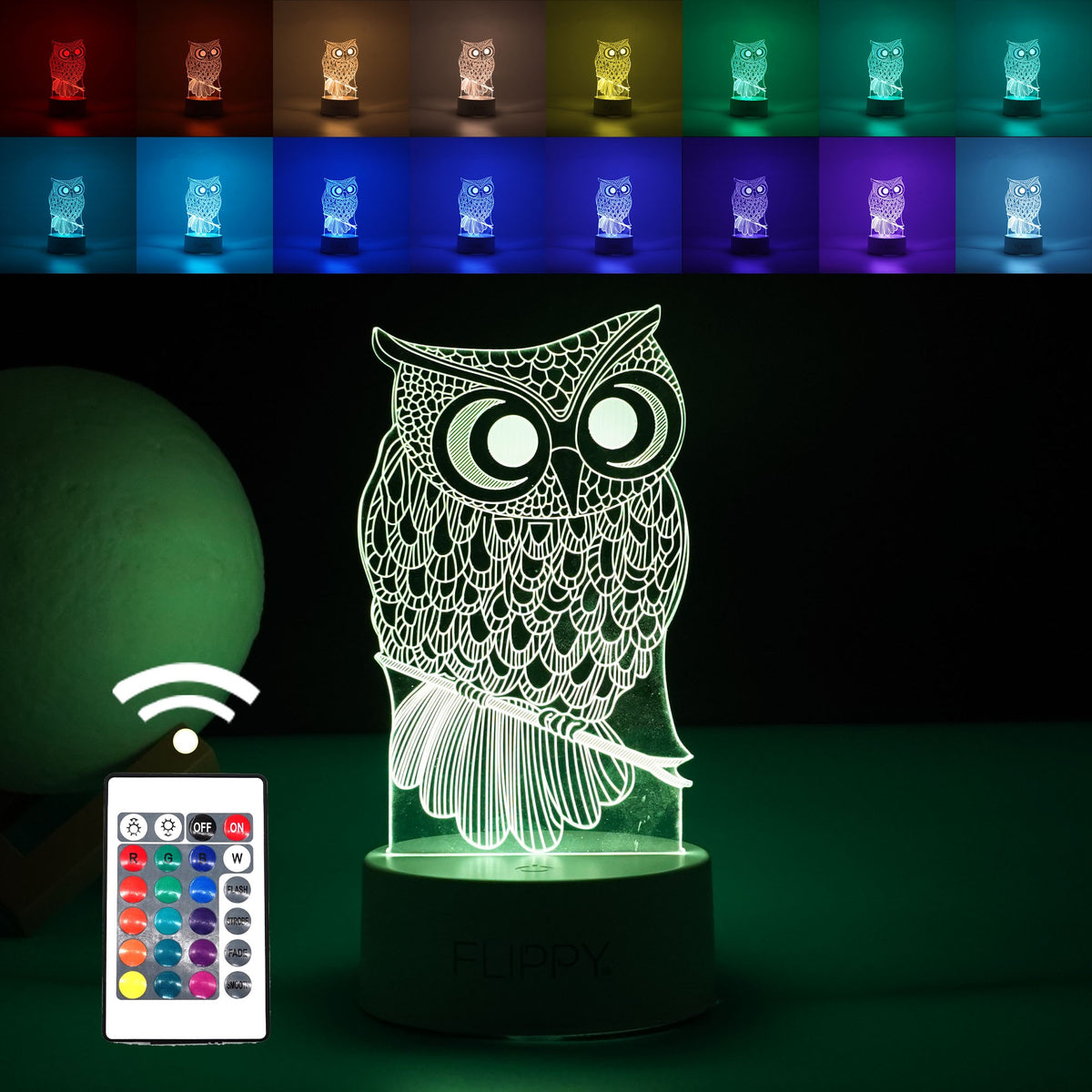 Lampa LED Decorativa 3D, Model Bufnita, Efect Iluzie Optica, Alimentare USB si Baterii, 7 Culori, Telecomanda Inclusa, Acril, 20 cm, Alb