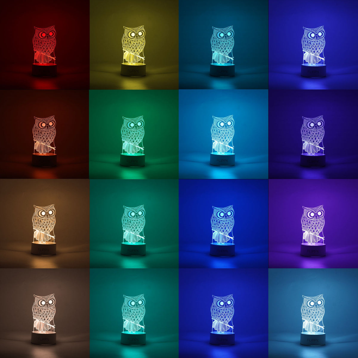 Lampa LED Decorativa 3D, Model Bufnita, Efect Iluzie Optica, Alimentare USB si Baterii, 7 Culori, Telecomanda Inclusa, Acril, 20 cm, Alb