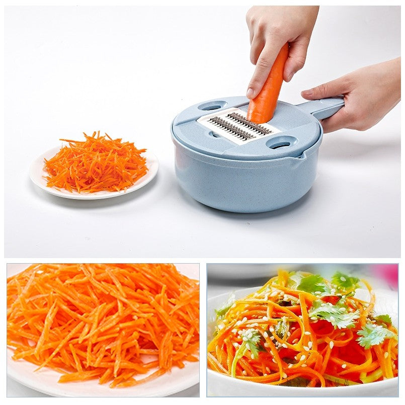Razatoare Multifunctionala pentru Legume si Fructe, Bol cu Strecuratoare si Separator Oua, Plastic si Inox, 10 Piese, 27.6x8 cm, Albastru