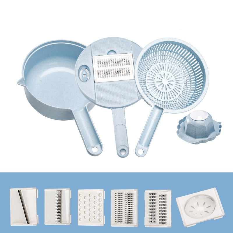 Razatoare Multifunctionala pentru Legume si Fructe, Bol cu Strecuratoare si Separator Oua, Plastic si Inox, 10 Piese, 27.6x8 cm, Albastru