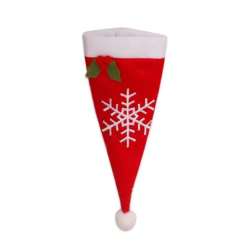 Husa Decorativa Pentru Tacamuri, Model Caciulita Cu Fulg De Zapada, Organizator Masa Festiva Craciun, Material Textil Si Poliester, 18 x 7 cm, Rosu, Set 3 Piese