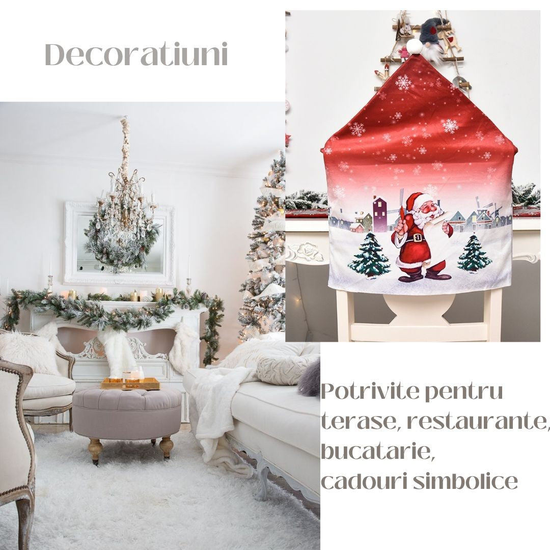 Husă Decorativă Pentru Scaun, Tematică Festivă Crăciun, Protecție Scaun Dining, Material Textil Poliester, 61 x 47 cm, Roșu