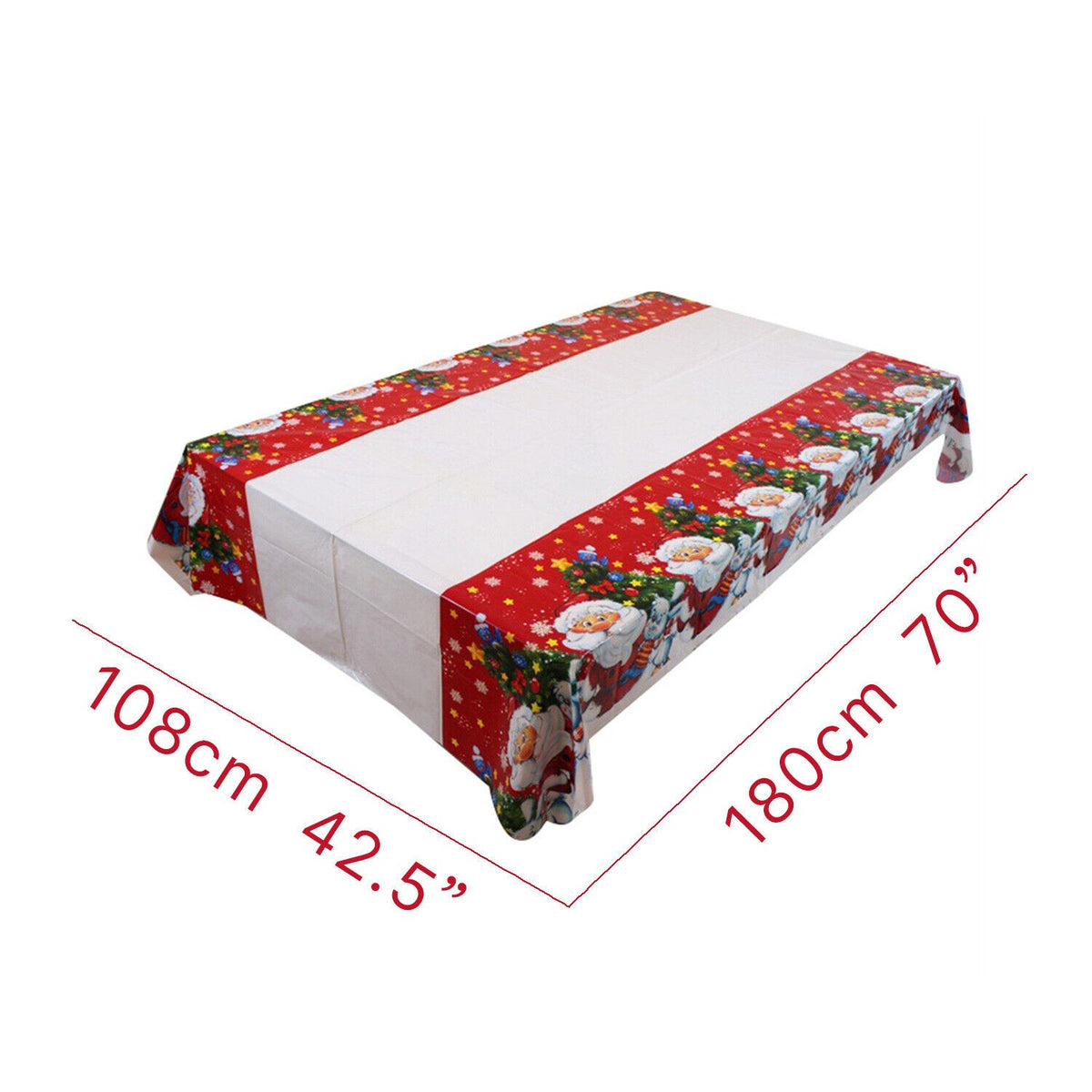 Fata de Masa Dreptunghiulara pentru Craciun, Imprimeu Mos Craciun si Iepuras, PVC Protectie 2.5 mm, Rezistenta la Uzura, Alb, 180 x 108 cm