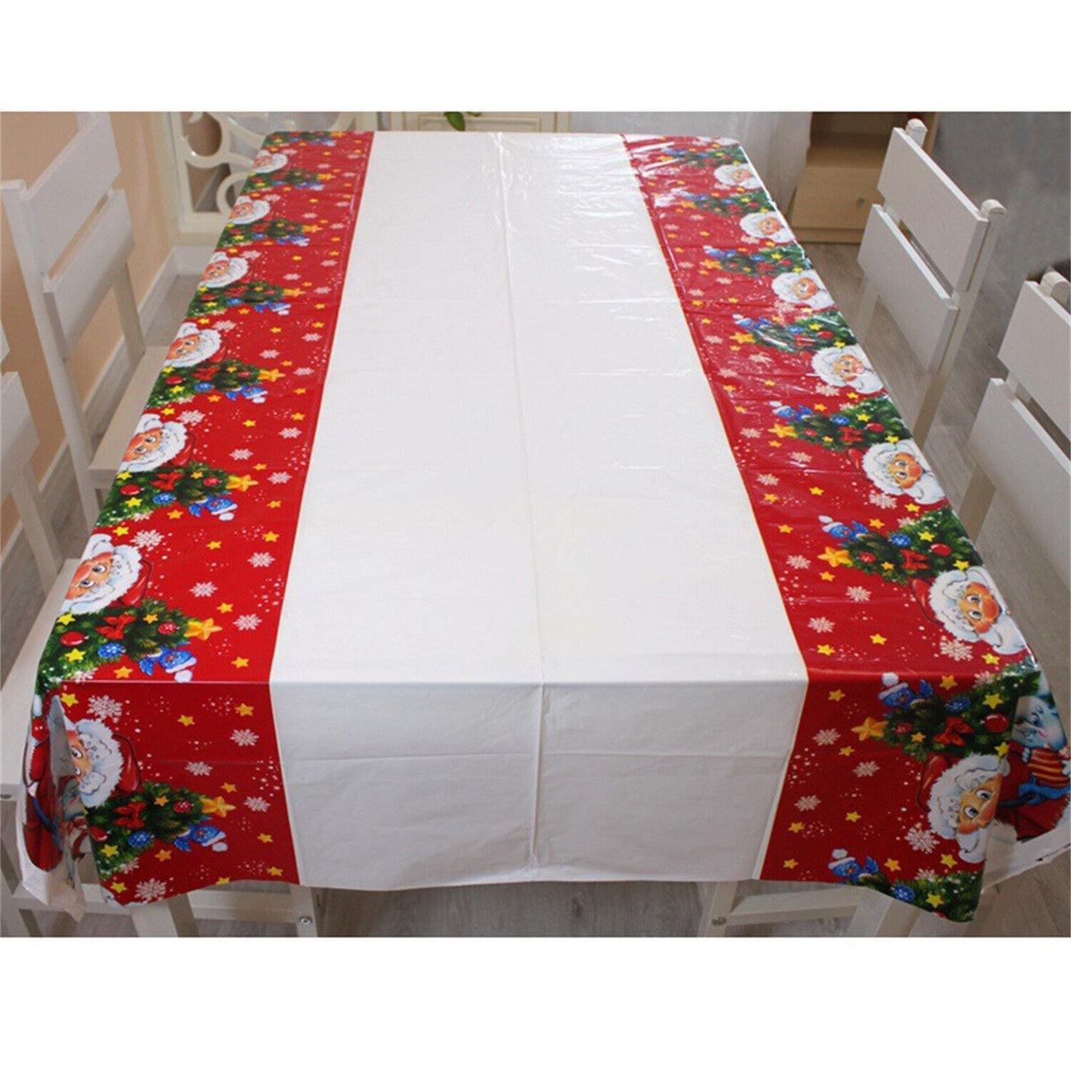 Fata de Masa Dreptunghiulara pentru Craciun, Imprimeu Mos Craciun si Iepuras, PVC Protectie 2.5 mm, Rezistenta la Uzura, Alb, 180 x 108 cm