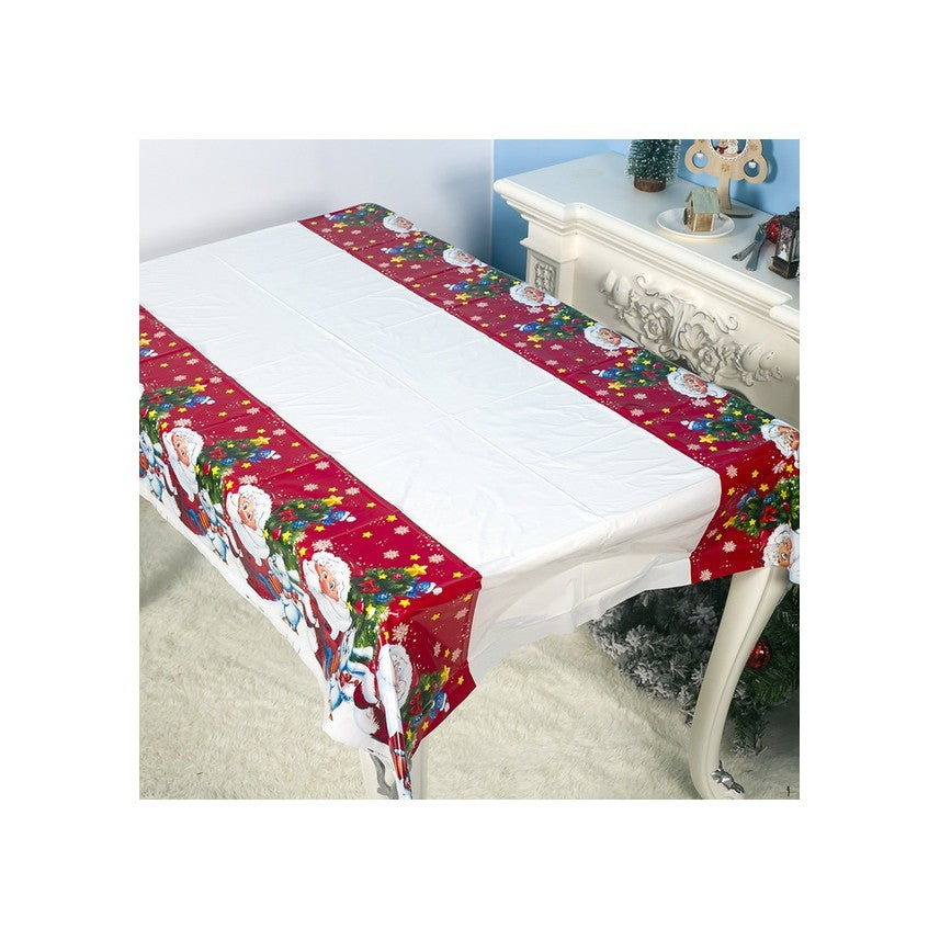 Fata de Masa Dreptunghiulara pentru Craciun, Imprimeu Mos Craciun si Iepuras, PVC Protectie 2.5 mm, Rezistenta la Uzura, Alb, 180 x 108 cm