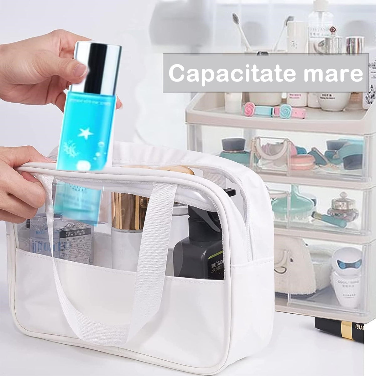 Geanta Cosmetice pentru Voiaj si Organizare, Portabila si Impermeabila, Material PVC si Textil, 30x12x21 cm, Alb