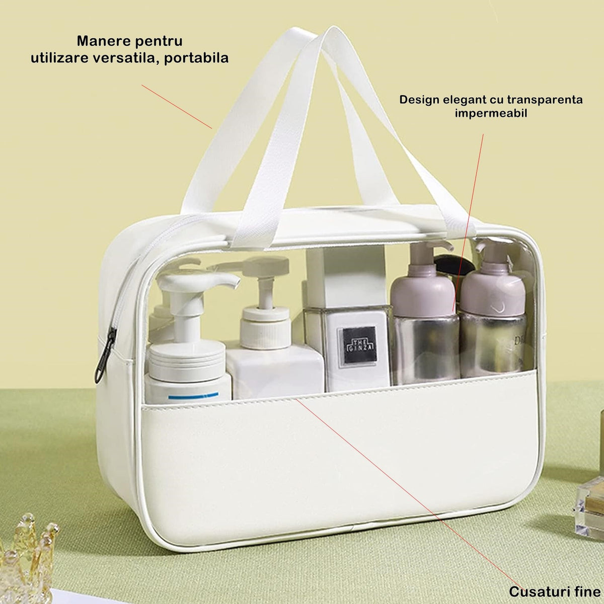 Geanta Cosmetice pentru Voiaj si Organizare, Portabila si Impermeabila, Material PVC si Textil, 30x12x21 cm, Alb