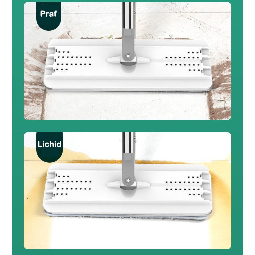 Set Curatenie Mop Plat si Galeata cu Doua Cuve, Sistem de Storcere si Spalare, 4 Rezerve Microfibra Incluse, Capacitate 5.7 l, Plastic, Alb