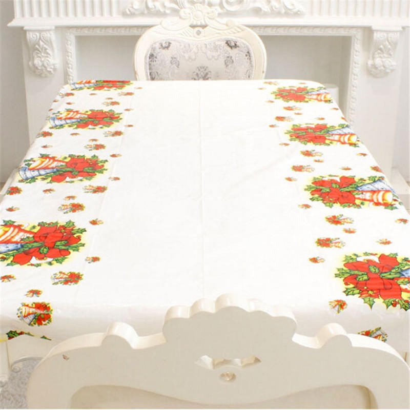 Fată De Masă Dreptunghiulară Pentru Crăciun, Imprimeu Clopoței, PVC Rezistent Grosime 2.5 mm, Alb, 180 x 108 cm