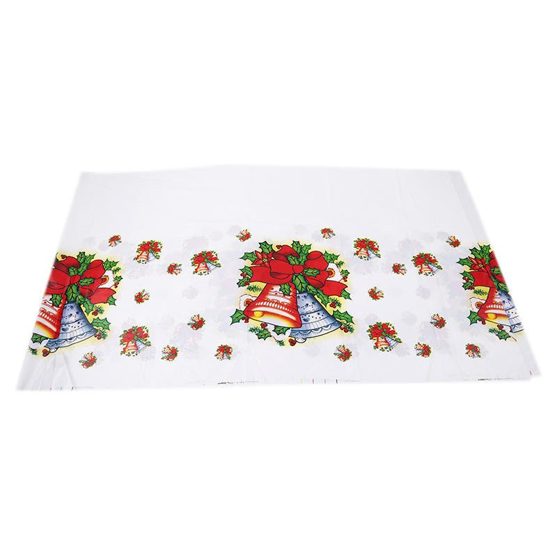 Fată De Masă Dreptunghiulară Pentru Crăciun, Imprimeu Clopoței, PVC Rezistent Grosime 2.5 mm, Alb, 180 x 108 cm