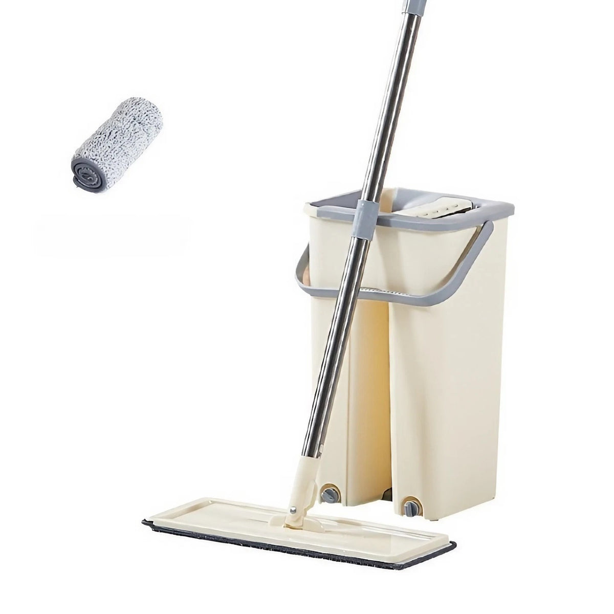 Set Curatenie cu Mop Plat si Galeata, Sistem de Storcere cu 2 Cuve, Microfibra Superabsorbanta, Plastic si Inox, Galeata 6 L, 2 Rezerve Incluse, Bej