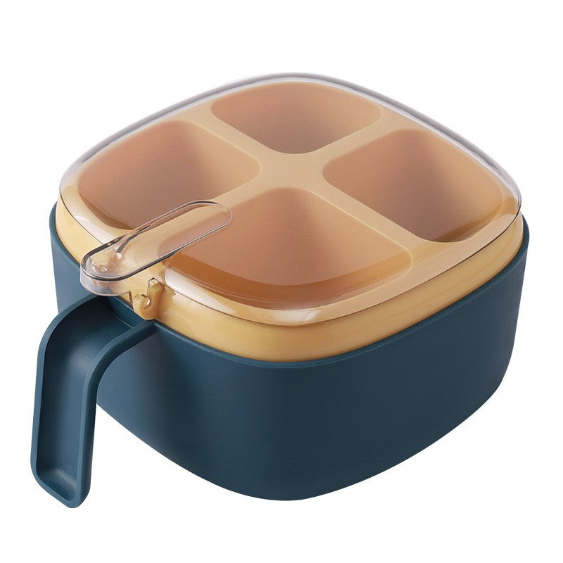 Organizator Condimente cu 4 Compartimente, Recipient pentru Depozitare cu Mâner și Capac, Plastic, 4 Lingurițe Incluse, 14x14x8 cm, Albastru