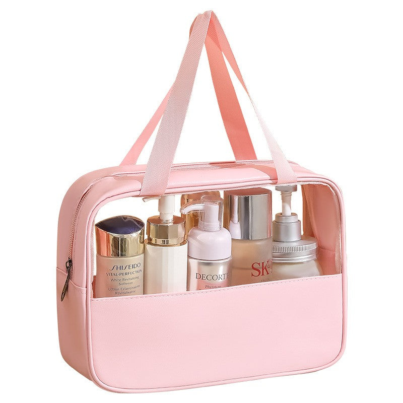 Geanta Cosmetice pentru Voiaj si Organizare, Impermeabila cu Fermoar, Material PVC si Textil, 30 x 21 x 12 cm, Roz