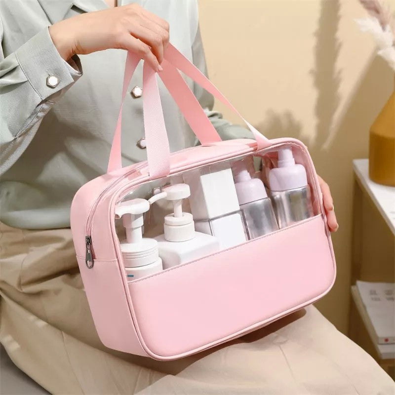 Geanta Cosmetice pentru Voiaj si Organizare, Impermeabila cu Fermoar, Material PVC si Textil, 30 x 21 x 12 cm, Roz