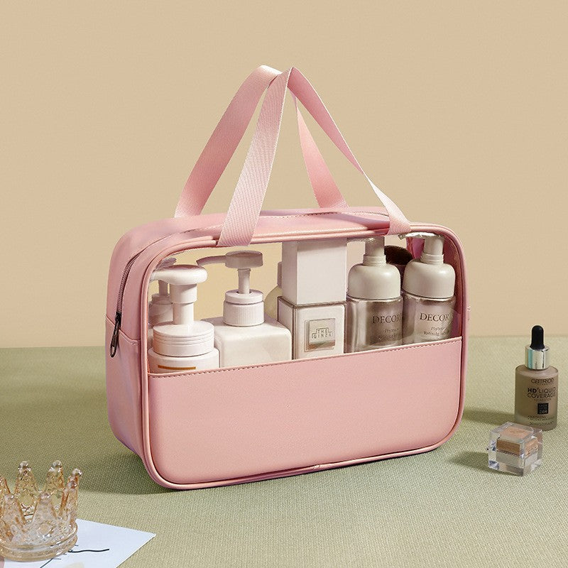 Geanta Cosmetice pentru Voiaj si Organizare, Impermeabila cu Fermoar, Material PVC si Textil, 30 x 21 x 12 cm, Roz