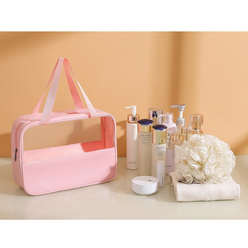 Geanta Cosmetice pentru Voiaj si Organizare, Impermeabila cu Fermoar, Material PVC si Textil, 30 x 21 x 12 cm, Roz