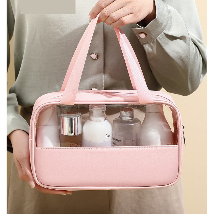 Geanta Cosmetice pentru Voiaj si Organizare, Impermeabila cu Fermoar, Material PVC si Textil, 30 x 21 x 12 cm, Roz