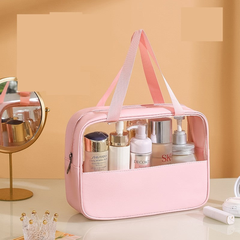 Geanta Cosmetice pentru Voiaj si Organizare, Impermeabila cu Fermoar, Material PVC si Textil, 30 x 21 x 12 cm, Roz
