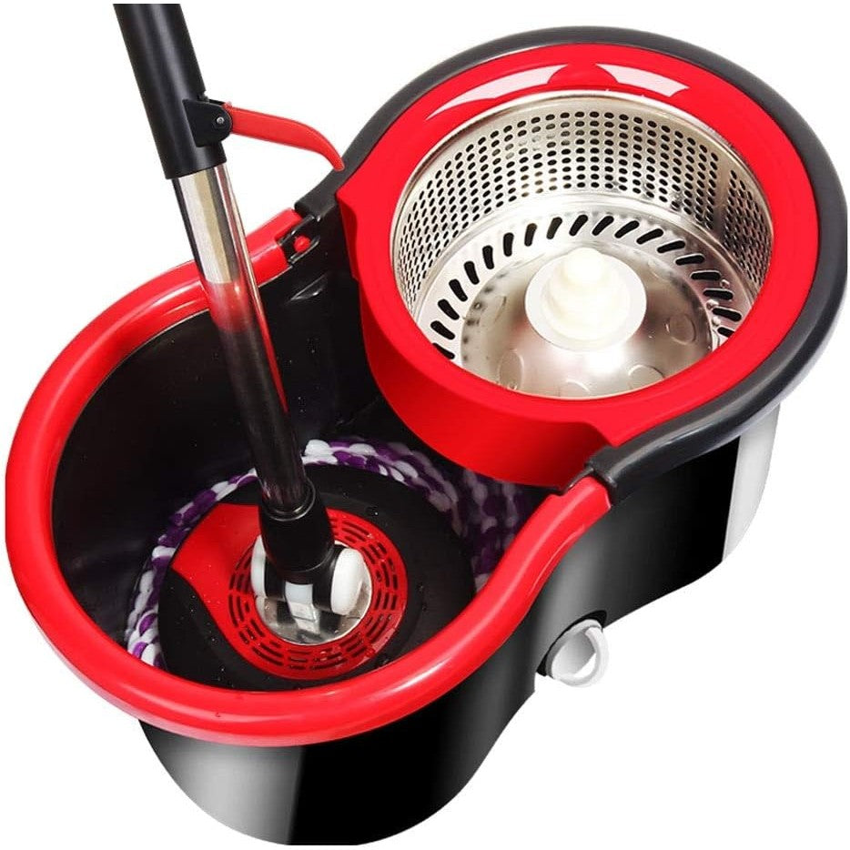 Set Mop Rotativ cu Galeata, Sistem Curatare cu Vas Detasabil si Dop Scurgere, Microfibra si Plastic Rezistent, 8 L, Negru/Rosu