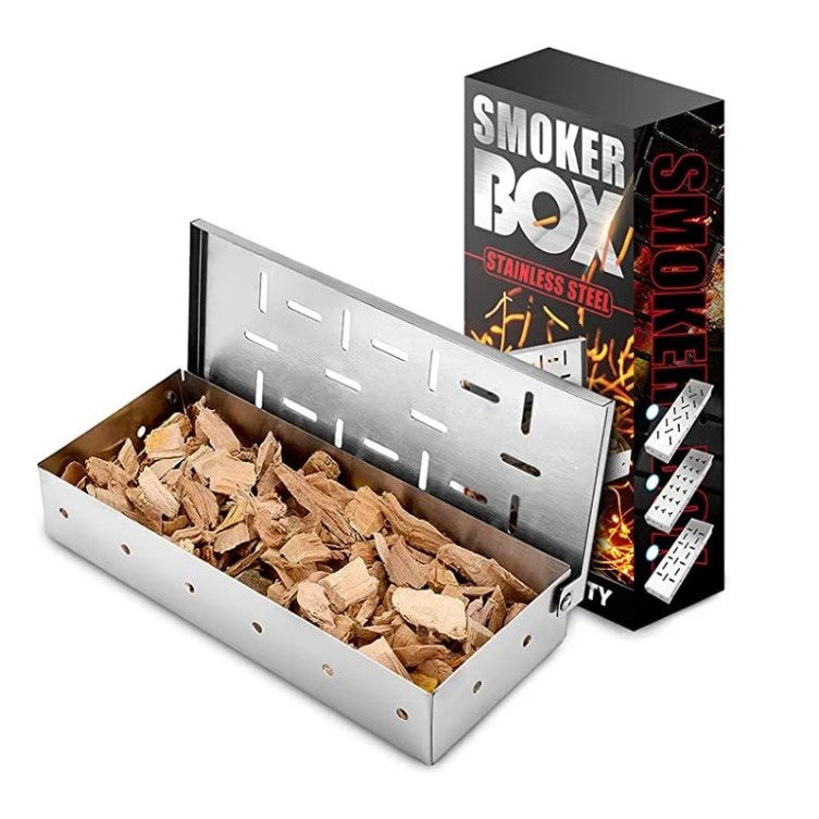 Cutie Afumator pentru Gratar, Dispozitiv Afumare cu Rumegus, Capacitate Mare, Inox 430 Rezistent la Rugina, Capac cu Balamale, 22.2x9.6x4.4 cm, Argintiu