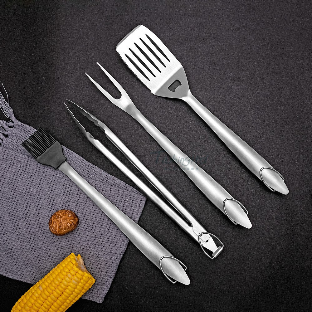 Set Ustensile pentru Gratar, 4 Piese cu Spatula si Deschizator Sticle, Otel Inoxidabil Rezistent la Caldura, Manere Lungi cu Agatatoare, Argintiu