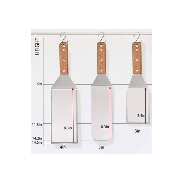 Set 3 Spatule pentru Gratar si BBQ, Suprafata Antiaderenta cu Margini Subtiri, Metal si Maner Ergonomic din Lemn, 3 Forme Diferite, Gri