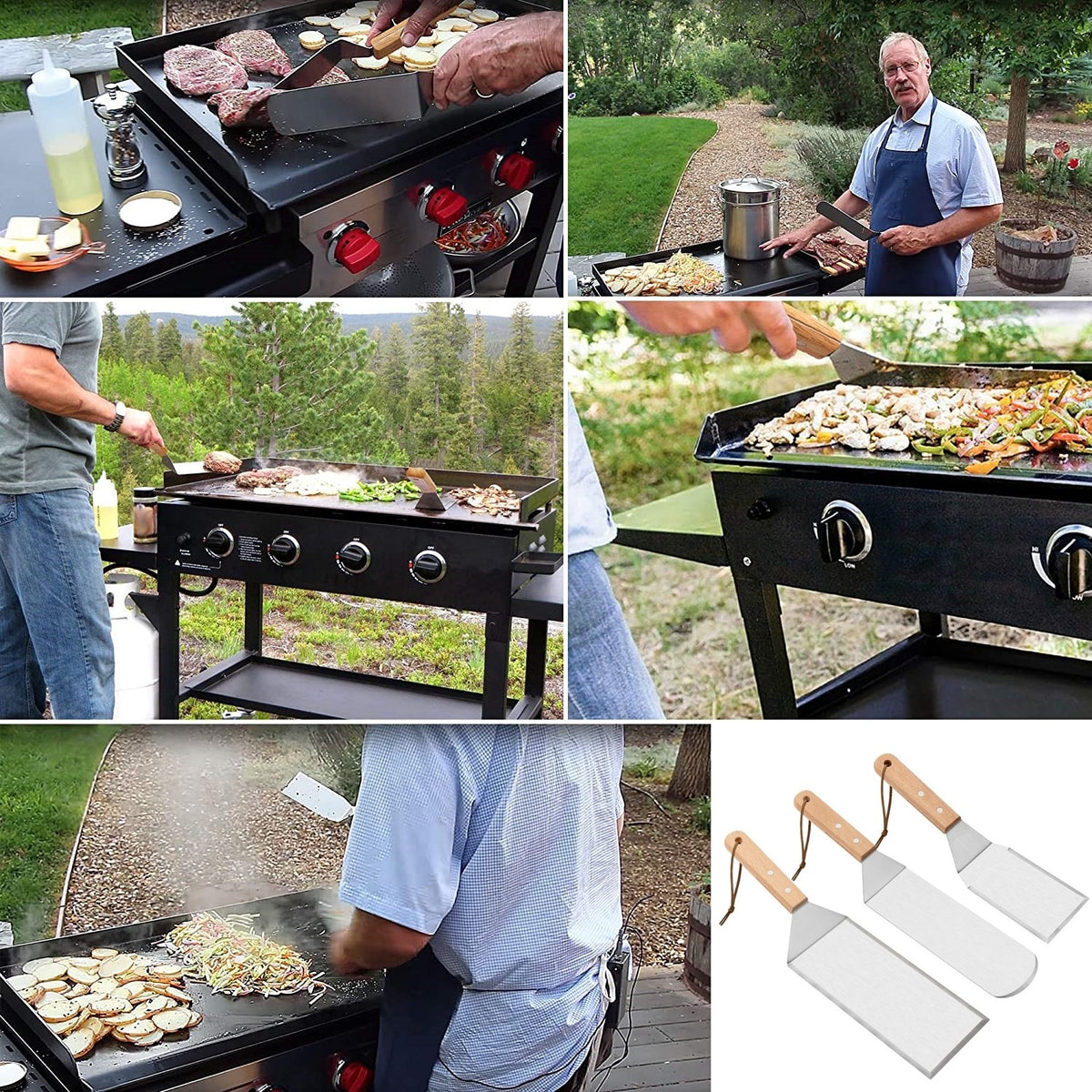 Set 3 Spatule pentru Gratar si BBQ, Suprafata Antiaderenta cu Margini Subtiri, Metal si Maner Ergonomic din Lemn, 3 Forme Diferite, Gri