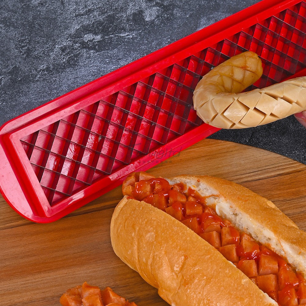 Feliator Manual pentru Hot-Dog si Carnati, Dispozitiv pentru Crestare Decorativa pe Gratar, Inox si ABS, 29.5 x 6.5 cm, Rosu