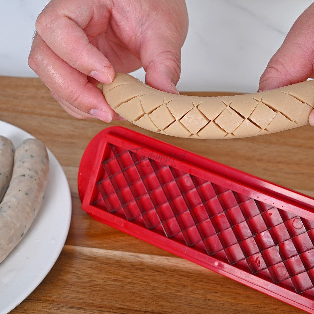 Feliator Manual pentru Hot-Dog si Carnati, Dispozitiv pentru Crestare Decorativa pe Gratar, Inox si ABS, 29.5 x 6.5 cm, Rosu