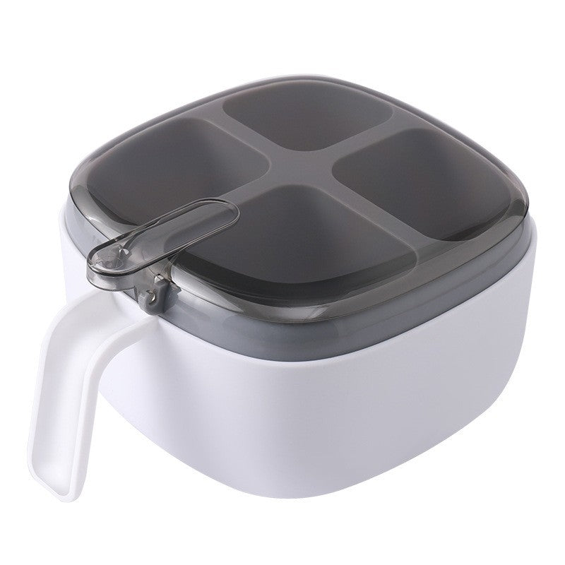 Organizator Condimente cu 4 Compartimente, Recipient pentru Sare si Piper, Capac Protectie si 4 Lingurite Incluse, Plastic, 14x14x8 cm, Alb