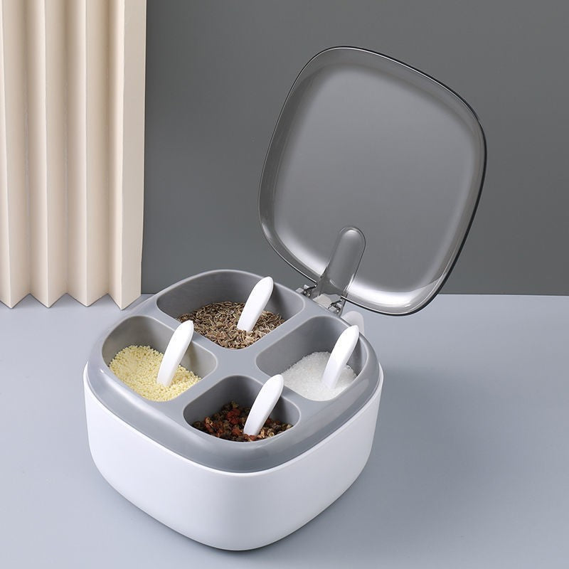 Organizator Condimente cu 4 Compartimente, Recipient pentru Sare si Piper, Capac Protectie si 4 Lingurite Incluse, Plastic, 14x14x8 cm, Alb