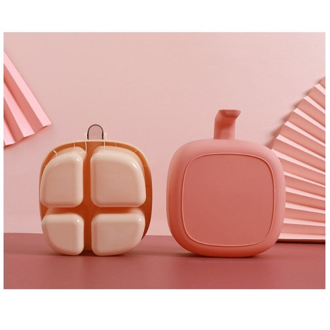 Organizator Condimente cu 4 Compartimente, Recipient pentru Depozitare, Capac si Maner Ergonomic, Include 4 Lingurite, Plastic, 14x14x8 cm, Roz