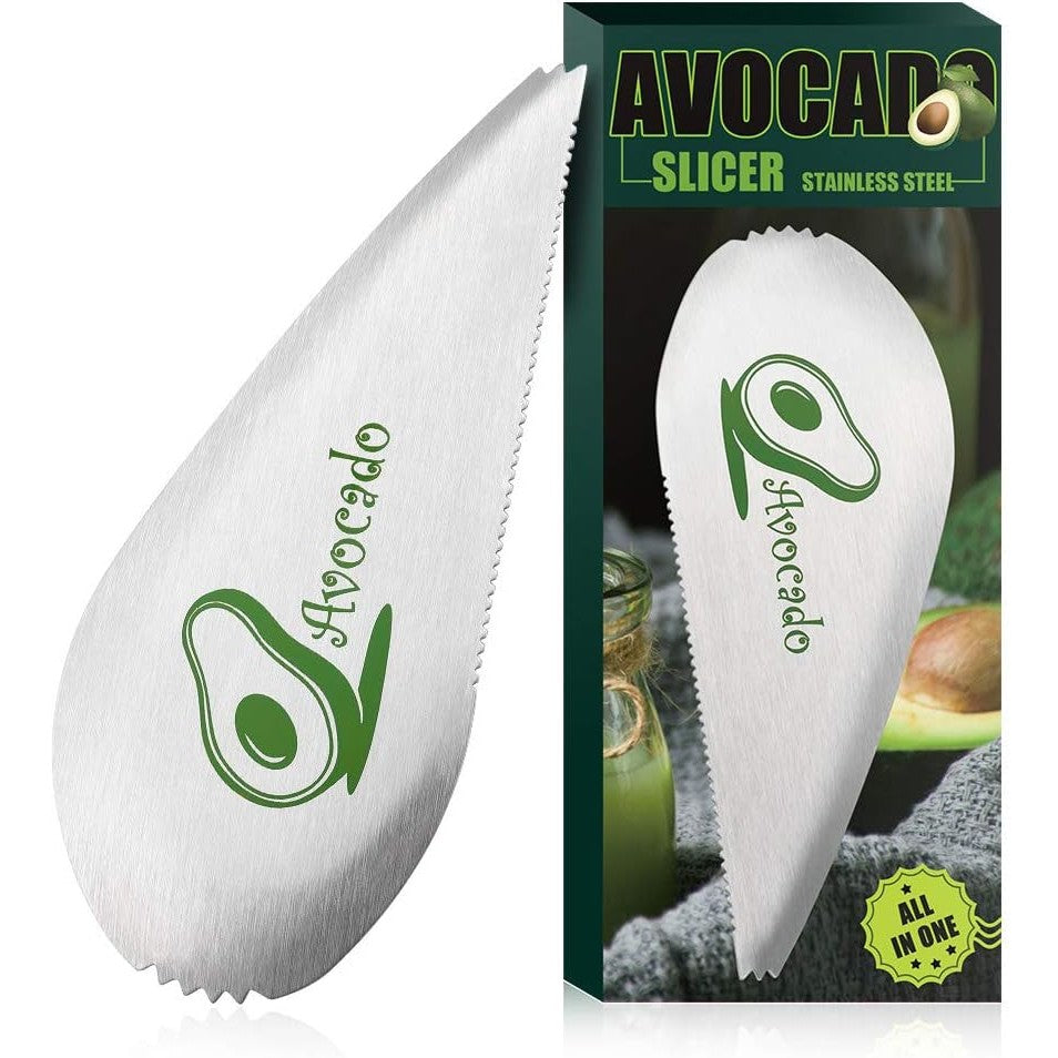 Taietor Avocado 3 in 1, Dispozitiv Multifunctional pentru Curatare si Scoatere Sambure, Forma Curbata cu Zimti, Otel Inoxidabil, 15 x 6 cm, Gri