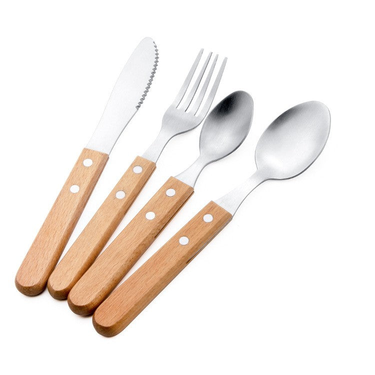 Set 4 Tacamuri pentru Masa, Otel Inoxidabil 304, Maner Ergonomic din Lemn de Fag, Set Lingura, Lingurita, Cutit si Furculita, 20 cm, Gri