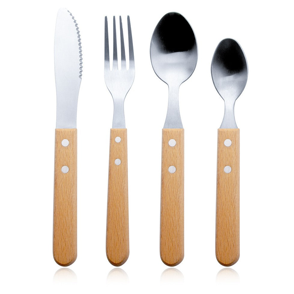 Set 4 Tacamuri pentru Masa, Otel Inoxidabil 304, Maner Ergonomic din Lemn de Fag, Set Lingura, Lingurita, Cutit si Furculita, 20 cm, Gri