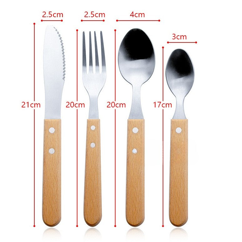 Set 4 Tacamuri pentru Masa, Otel Inoxidabil 304, Maner Ergonomic din Lemn de Fag, Set Lingura, Lingurita, Cutit si Furculita, 20 cm, Gri