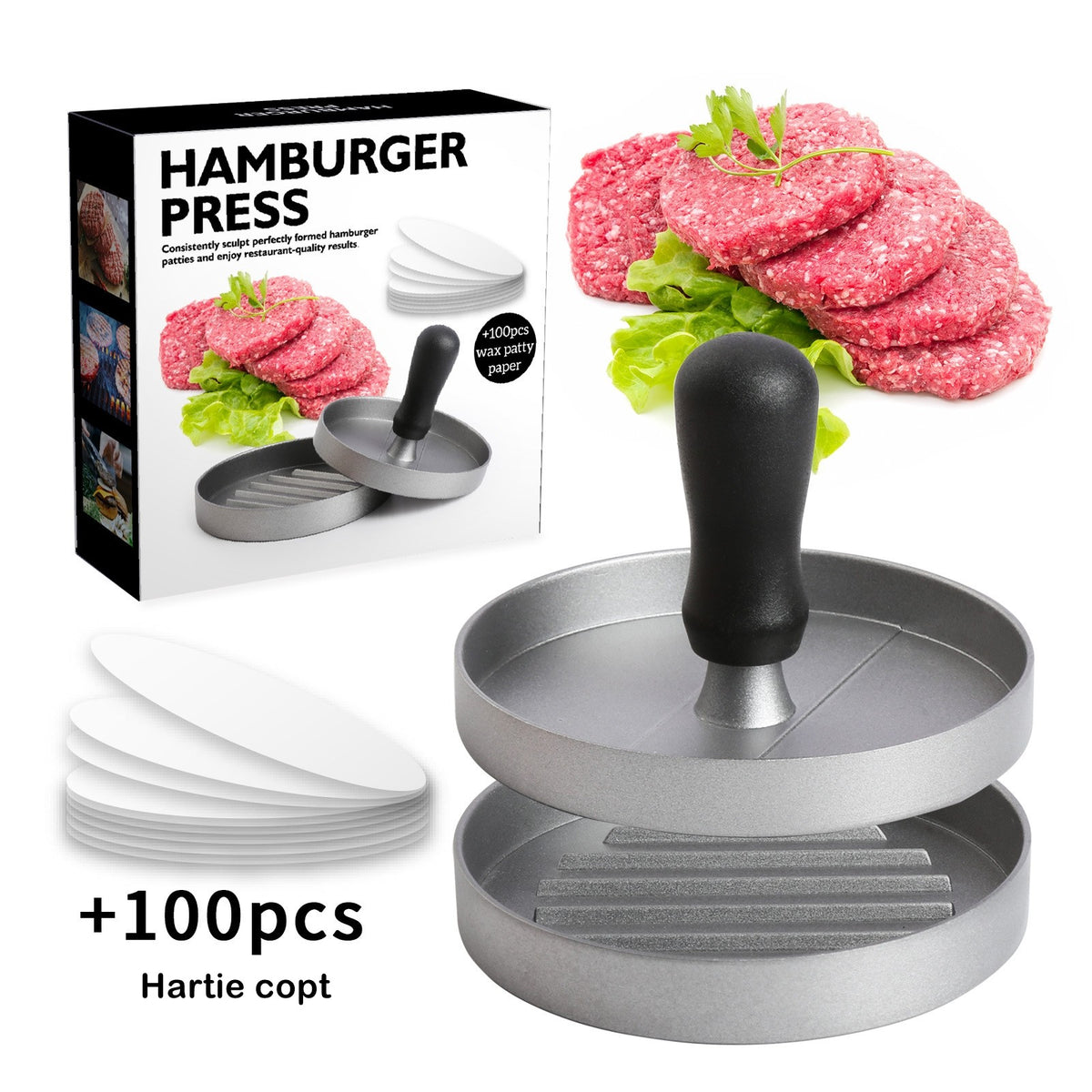 Presa Manuala pentru Burgeri, Forma Modelare Chiftele, Aluminiu si ABS, 11.7 x 8.5 cm, Gri