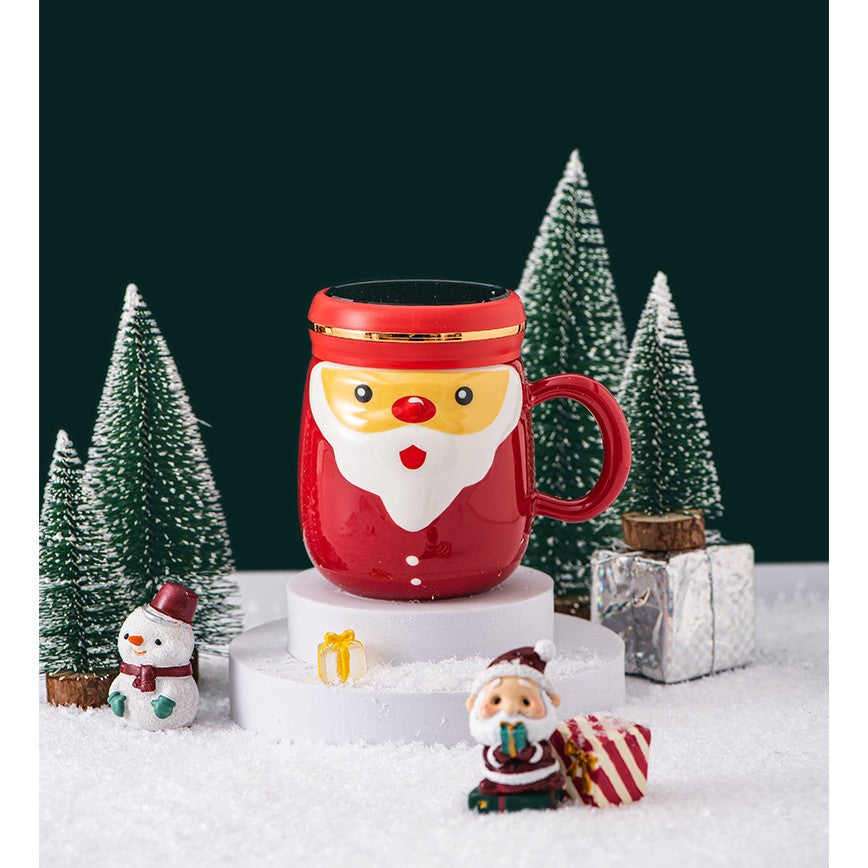Cana Ceramica Mos Craciun, Capac Tip Oglinda, Ambalaj Cadou Inclus, Model Festiv, 430 ml, 8 x 11.5 cm, Rosu