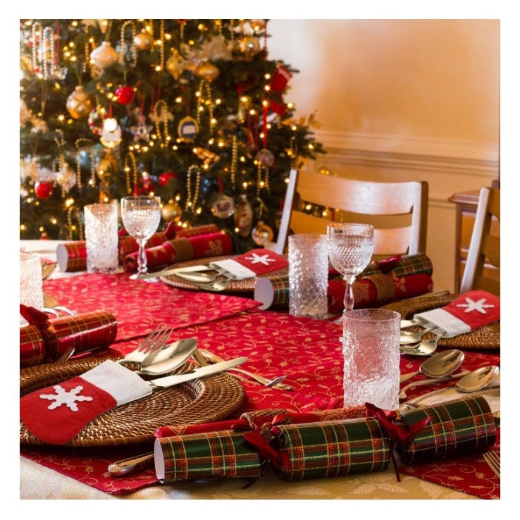 Set Huse Festive Pentru Tacamuri, Model Soseta Cu Fulg De Zapada, Decoratiuni Masa Craciun, Material Textil Si Poliester, 14 x 8 cm, Rosu, 3 Piese