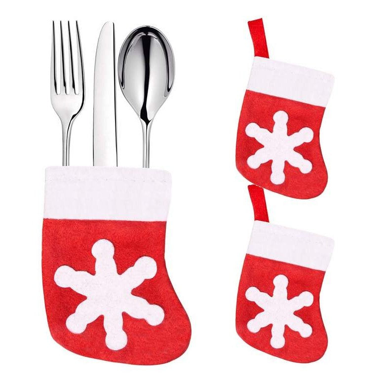 Set Huse Festive Pentru Tacamuri, Model Soseta Cu Fulg De Zapada, Decoratiuni Masa Craciun, Material Textil Si Poliester, 14 x 8 cm, Rosu, 3 Piese
