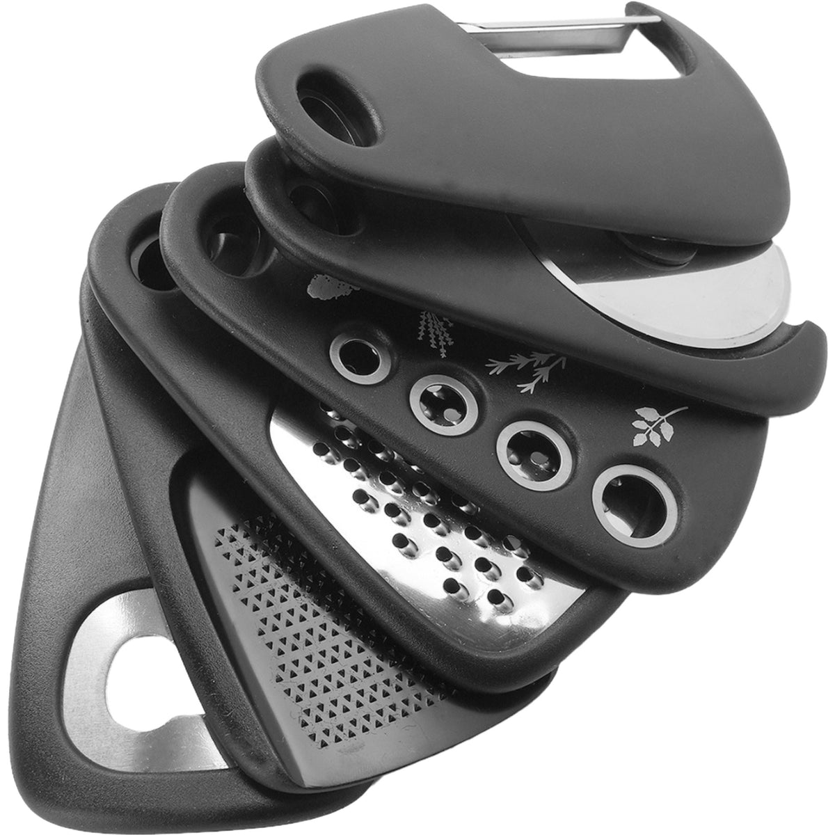 Set 6 in 1 Mini Ustensile Bucatarie, Taietor Pizza, Curatator, Razatoare, Desfacator, Presa Usturoi, Lame din Otel Inoxidabil, Manere ABS, 7.1 x 12.9 x 4.8 cm, Negru