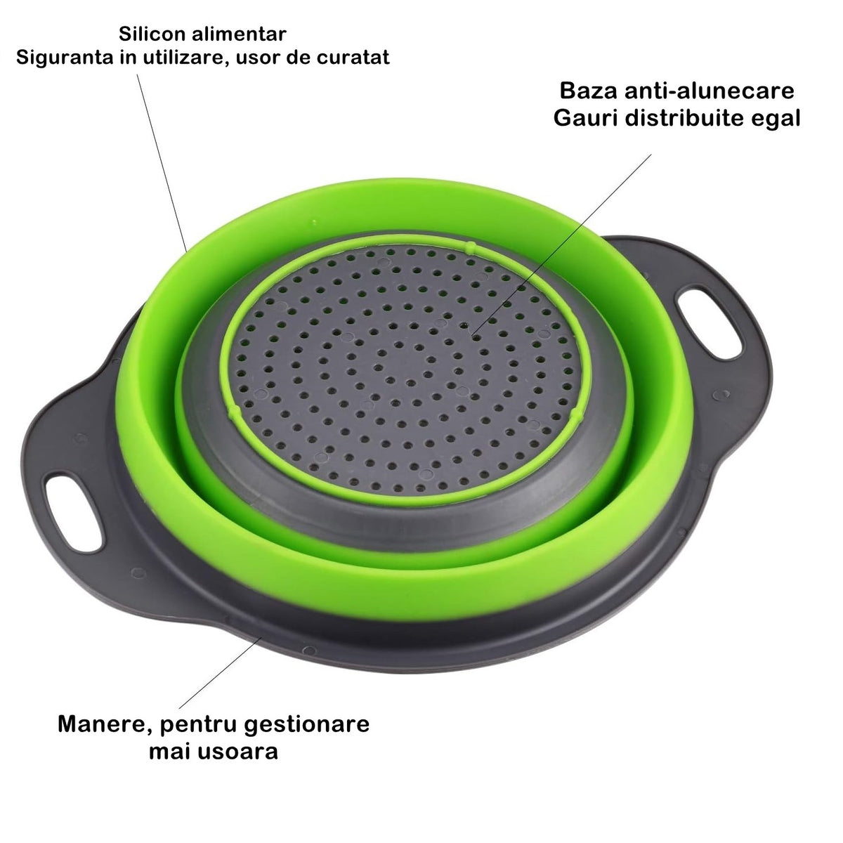 Set 2 Strecuratori Pliabile din Silicon Alimentar, Design Rotund cu Manere Ergonomice, Fund Antiderapant, Compatibile cu Masina de Spalat Vase, Verde