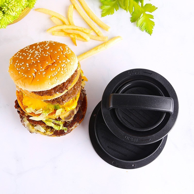 Presa Hamburger 2 in 1, Forma pentru Burgeri cu Umplutura, Invelis Antiaderent, Maner Ergonomic, Include 100 Foi de Copt, Material ABS, 13x13.5x7 cm, Negru