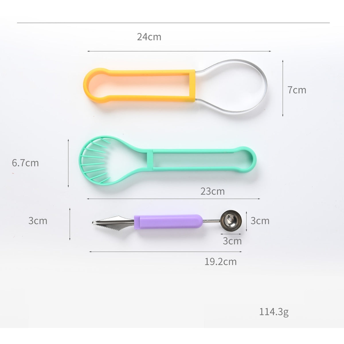 Set Ustensila Bucatarie 4 in 1 pentru Taiat si Decorat Fructe, Dispozitiv pentru Sculptat si Scoatere Samburi, Inox si Plastic, 28x6.2 cm, Verde/Multicolor