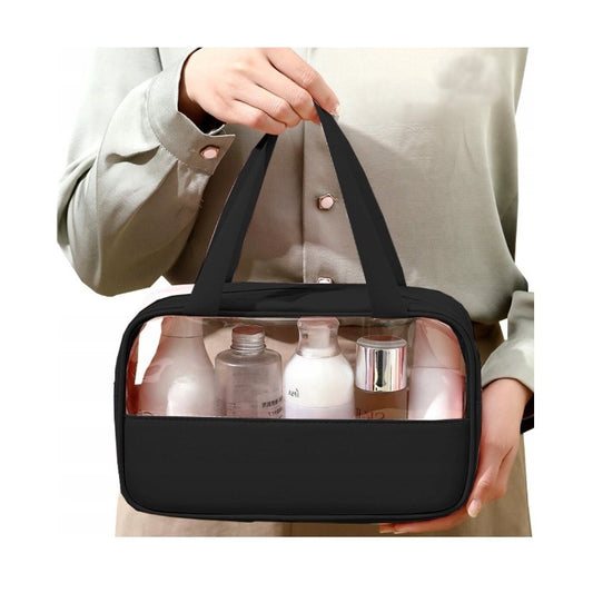 Geanta Cosmetice pentru Voiaj, Organizator Impermeabil, Material PVC si Textil, Portabila, 26 x 15 x 10 cm, Negru
