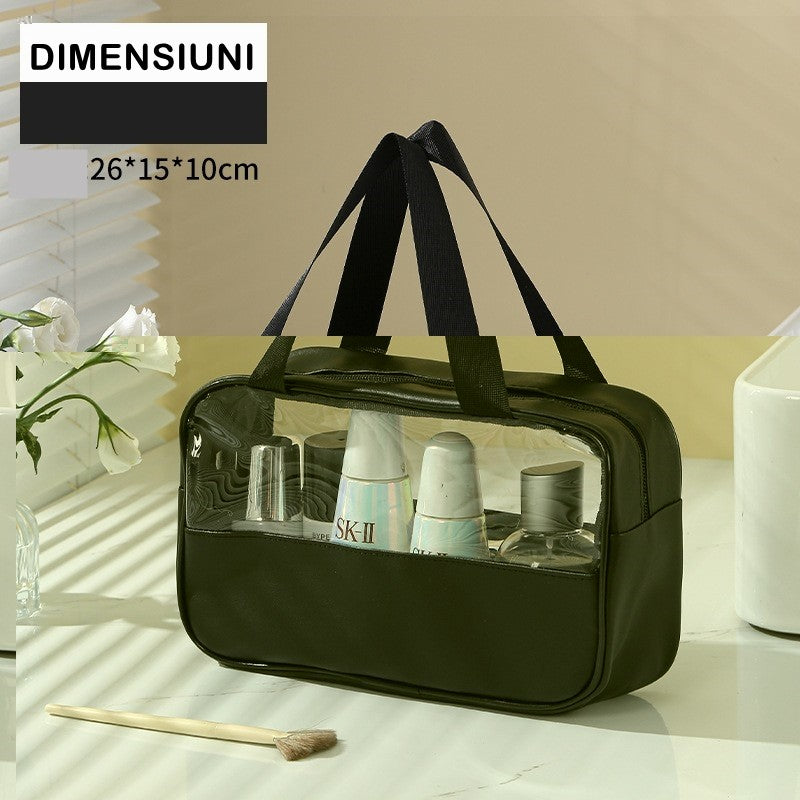 Geanta Cosmetice pentru Voiaj, Organizator Impermeabil, Material PVC si Textil, Portabila, 26 x 15 x 10 cm, Negru