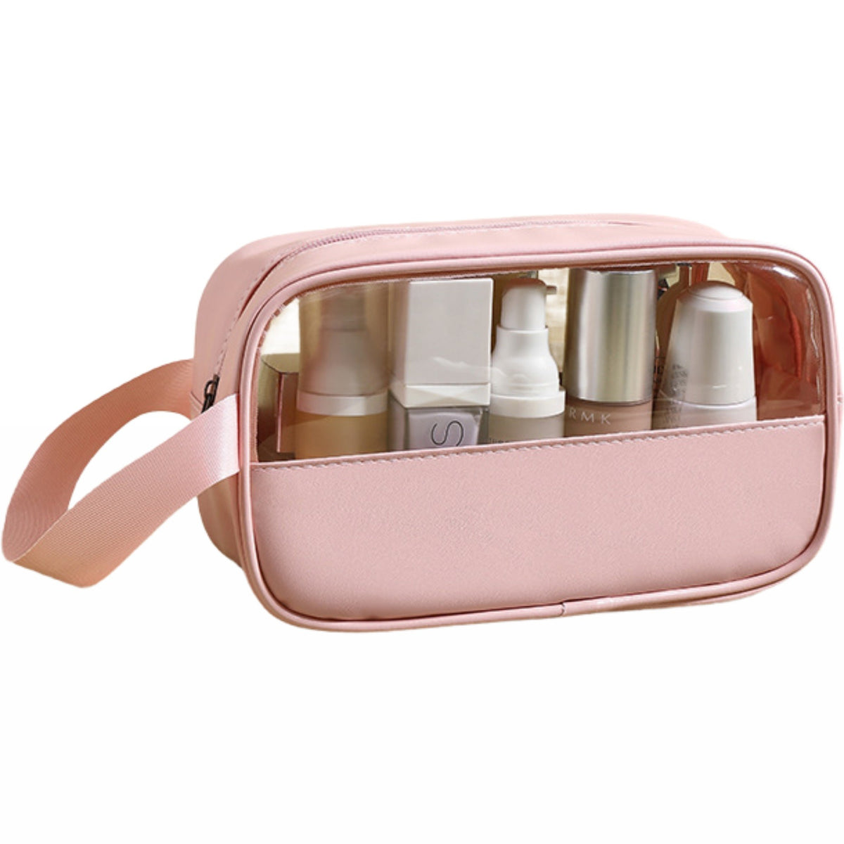 Geanta Cosmetice pentru Voiaj si Organizare, Portfard Impermeabil, Material PVC si Textil, 22 x 12 x 8 cm, Roz
